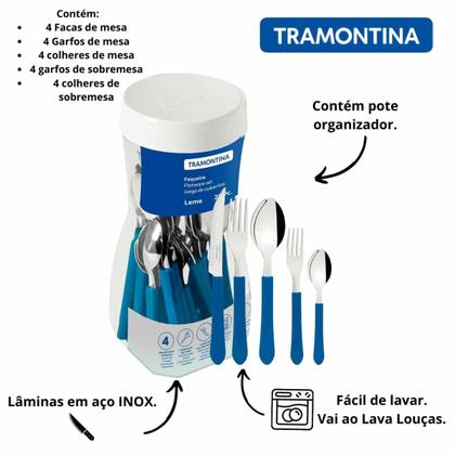 Imagem de Jogo de Talheres Tramontina Leme Faqueiro 20 pçs  Lâminas em Aço Inox e Cabos de Polipropileno