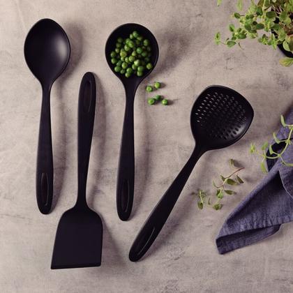Imagem de Jogo de Utensílios Ability em Nylon Resistente até 180 C Preto 4 Peças Preto Concha Espumadeira Colher Espátula Tramontina