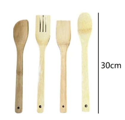 Imagem de Jogo de utensílios colher e espátula de bambu natural 4 peças com suporte Top Útil