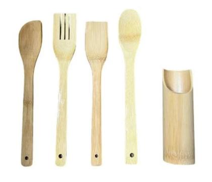 Imagem de Jogo de utensílios colher e espátula de bambu natural 4 peças com suporte Top Útil