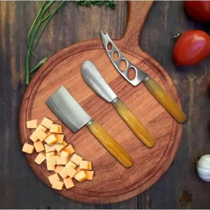 Imagem de Jogo de Utensílios Faca para Cortar Queijo com Cabo de Madeira Kit 3 peças