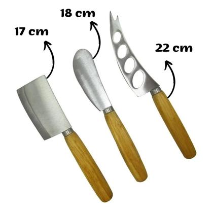 Imagem de Jogo de Utensílios Faca para Cortar Queijo com Cabo de Madeira Kit 3 peças