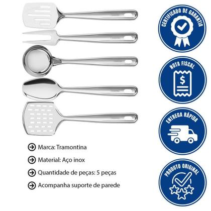 Imagem de Jogo de Utensílios Tramontina Extrata em Aço Inox com Suporte de Parede 5 Peças 66815700