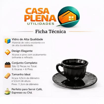 Imagem de Jogo de Xicara 12 Peças Preto EM VIDRO TRABALHADO PRETO Chá Café Louça Moderno