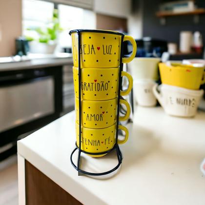 Imagem de Jogo De Xícara Café Chá Amarela Com Suporte Kit 4 Caneca Poá