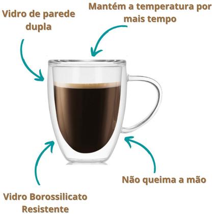 Jogo de Xícara de Café Vidro Duplo 350ml Kit 2 Unidades Caneca - Majestic Imagem de Jogo de Xícara de Café Vidro Duplo 350ml Kit 2 Unidades Caneca