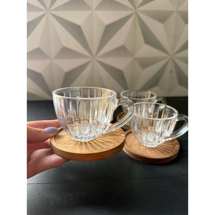 Imagem de Jogo de xícara de vidro com pires de bambu oito peças 80 ml para chá café leite jogo conjunto xícaras canecas madeira