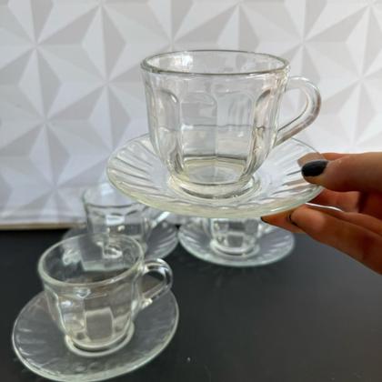 Imagem de Jogo de xícara Jade transparente para café chá 165ml com pires 8 peças kit conjunto xícaras