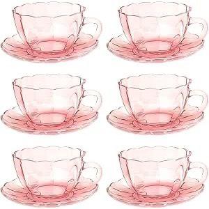 Imagem de Jogo de xícara rosa para chá com 12 peças 6 xícaras 6 pires conjunto kit xícaras flor peach de vidro caneca pink café