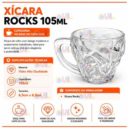 Imagem de Jogo de Xicaras 6 PEÇAS de Vidro Modelo ROCKS 105ml Moderna Para Cozinha e Café Chá Resistente
