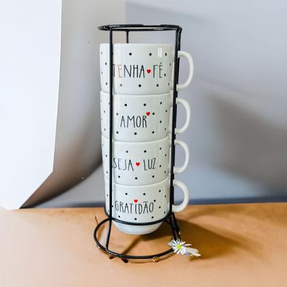 Imagem de Jogo De Xícaras Café Chá Branca Com Suporte Kit 4 Caneca Poá