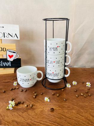 Imagem de Jogo De Xícaras Café Chá Branca Com Suporte Kit 4 Caneca Poá