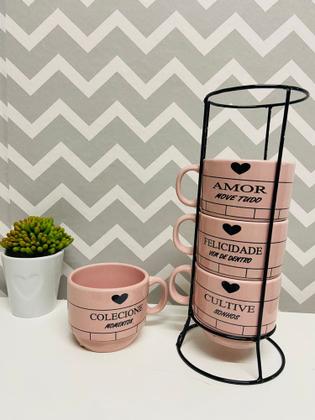 Imagem de Jogo De Xícaras Café Chá Rosa Com Suporte Kit 4 Canecas