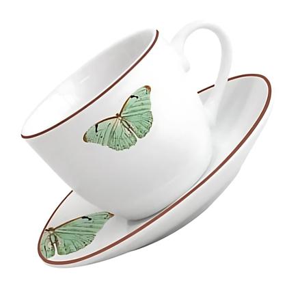 Imagem de Jogo De Xícaras Chá Café Com Pires 220ml Kit 6 Peças Borboleta Borda Decorada Porcelana