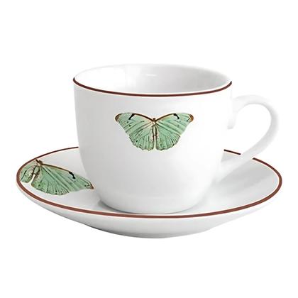 Imagem de Jogo De Xícaras Chá Café Com Pires 220ml Kit 6 Peças Borboleta Borda Decorada Porcelana