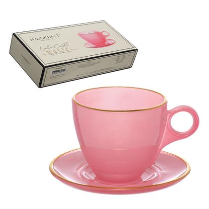 Imagem de Jogo de Xícaras para Chá Matte com Pires em Cristal Rosa com Borda Dourada 170ml 4 Peças - Hauskraft