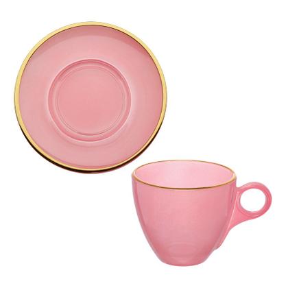 Imagem de Jogo de Xícaras para Chá Matte com Pires em Cristal Rosa com Borda Dourada 170ml 4 Peças - Hauskraft