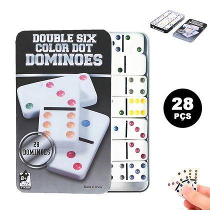 Imagem de Jogo Dominó Osso Profissional Colorido 28 Peças Com Estojo Lata