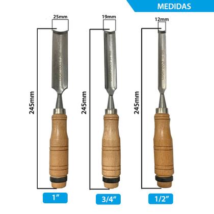 Imagem de Jogo Formão Goiva Para Entalhe Madeira 3 Peças 1/2 - 3/4 e 1pol Goivado