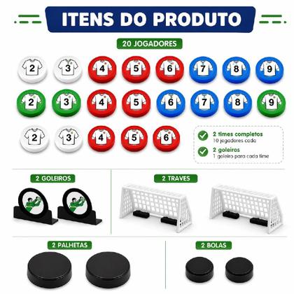 Imagem de Jogo Futebol De Botao 2 Times Completo Jogador Goleiro Bola Trave Palheta Copa Do Brasil Cartela Adesivo Camisetas