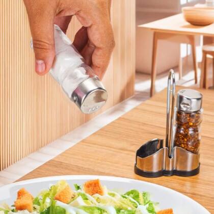 Imagem de Jogo Galheteiro De Saleiro E Pimenteiro Em Aço Inox Com Porta Guardanapo