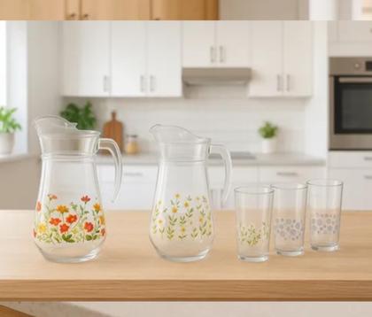 Imagem de Jogo Jarra de Vidro Transparente Com Tampa 1,35 Lts com 4 Copos Modelo Jardim e Círculo da Marca Hauskraft