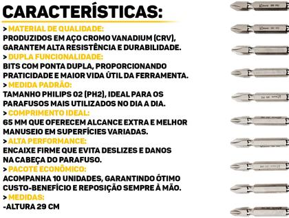 Imagem de Jogo Kit 10 Peças Bits Philips Profissional Duplo 65mm Crv De Aço Cromo Furadeira Parafusadeira Original Bramix