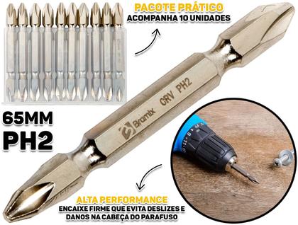 Imagem de Jogo Kit 10 Peças Bits Philips Profissional Duplo 65mm Crv De Aço Cromo Furadeira Parafusadeira Original Bramix