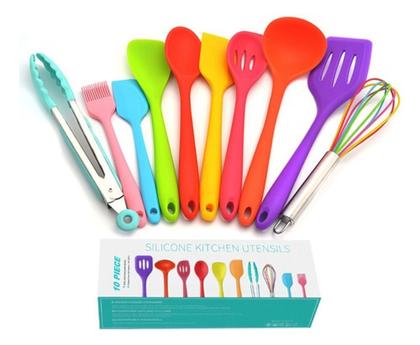 Imagem de Jogo Kit 10 Utensílios Silicone Colorido Cozinha Colher Pegador Concha Espátula Pincel