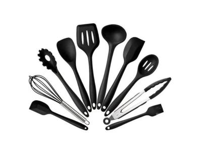 Imagem de Jogo Kit 10 Utensílios Silicone Preto Cozinha Colher Pegador Concha Espátula Pincel