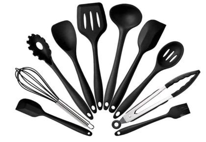Imagem de Jogo Kit 10 Utensílios Silicone Preto Cozinha Colher Pegador Concha Espátula Pincel