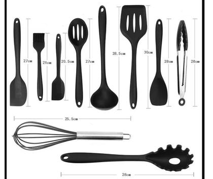 Imagem de Jogo Kit 10 Utensílios Silicone Preto Cozinha Colher Pegador Concha Espátula Pincel