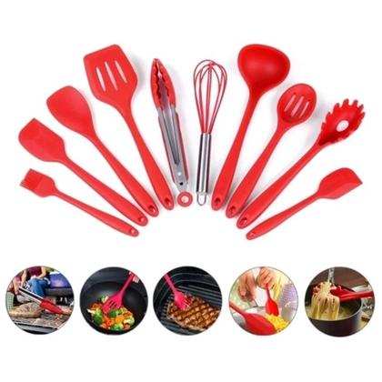 Imagem de Jogo Kit 10 Utensílios Silicone Vermelho Cozinha Colher Pegador Concha Espátula Pincel - Iddeale
