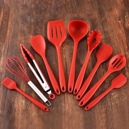 Imagem de Jogo Kit 10 Utensílios Silicone Vermelho Cozinha Colher Pegador Concha Espátula Pincel - Iddeale