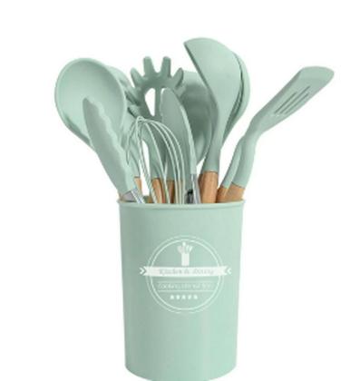 Imagem de Jogo Kit 12 Peças Utensílios De Cozinha De Silicone Cabo Madeira Decoração Livre BPA