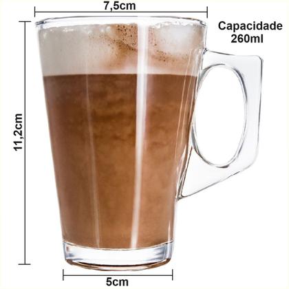 Imagem de Jogo Kit 6 Canecas De Vidro 260ml Cappuccino Café Xícara Jogo Chá Chocolate Presente Capuccino Leite