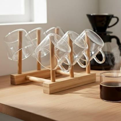 Imagem de Jogo Kit 6 Xícaras Café Chá 100ml Vidro Borossilicato Res ao Calor Com Sup Des de Bambu