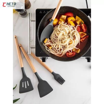 Imagem de Jogo Kit C/12 Peças Utensílios De Cozinha em Silicone Colheres Espátula Cabo Madeira