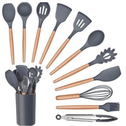 Imagem de Jogo Kit C/12 Peças Utensílios De Cozinha em Silicone Colheres Espátula Cabo Madeira