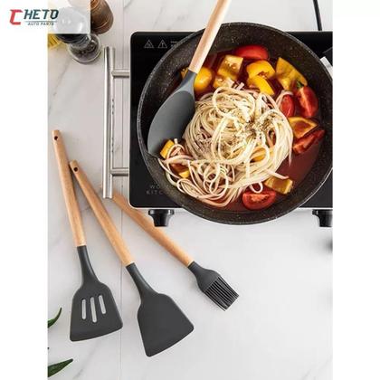 Imagem de Jogo Kit C/12 Peças Utensílios De Cozinha em Silicone Colheres Espátula Cabo Madeira - mm house