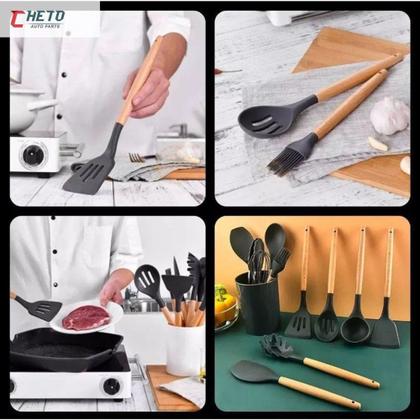 Imagem de Jogo Kit C/12 Peças Utensílios De Cozinha em Silicone Colheres Espátula Cabo Madeira - mm house