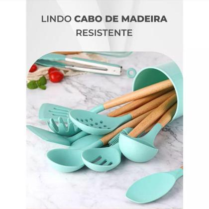 Imagem de Jogo Kit C/12 Peças Utensílios De Cozinha em Silicone Colheres Espátula Cabo Madeira - mm house