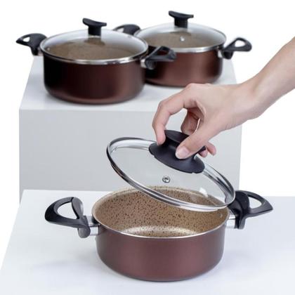 Imagem de Jogo Kit Caçarolas Panelas 3 Peças Tampa de Vidro Antiaderente Telfon