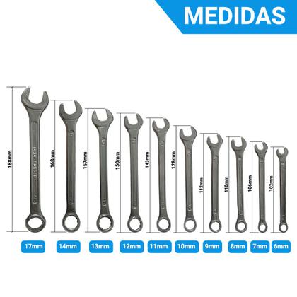 Imagem de Jogo Kit Chave Combinada Fixa e Estrela Boca de 6 a 17mm Com 10 Peças EDA Resistente em Aço Carbono 