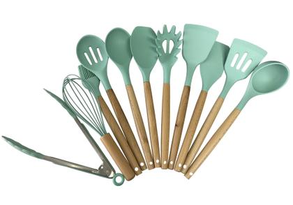 Imagem de Jogo Kit Com 12 Peças Utensílio De Cozinha Silicone Cabo De Madeira Colher Espátula