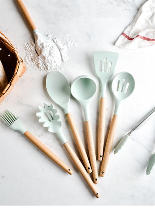 Imagem de Jogo Kit Com 12 Peças Utensílio De Cozinha Silicone Cabo De Madeira Colher Espátula