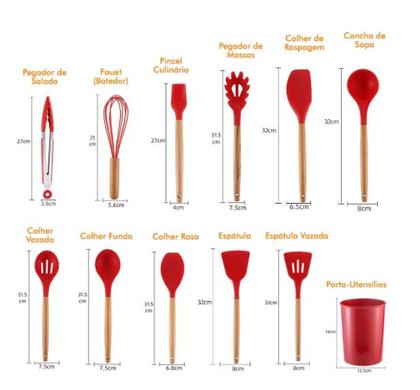 Imagem de Jogo Kit Com 12 Peças Utensílio De Cozinha Silicone Cabo De Madeira Colher Espátula
