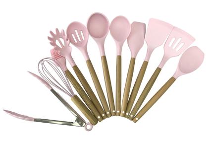 Imagem de Jogo Kit Com 12 Peças Utensílio De Cozinha Silicone Cabo De Madeira Colher Espátula