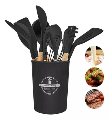 Imagem de Jogo Kit Com 12 Peças Utensílios De Cozinha Colheres Espatulas Pegador Silicone Copo Suporte