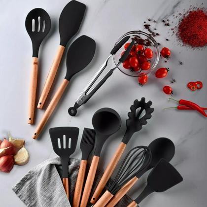 Imagem de Jogo Kit Com 12 Peças Utensílios De Cozinha Colheres Espatulas Pegador Silicone Copo Suporte